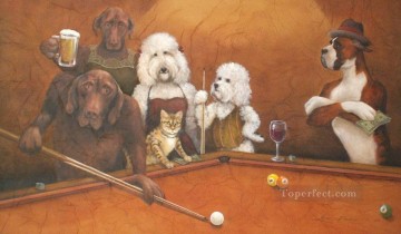 chat chiens jouant au billard Animaux facétieux Peinture à l'huile